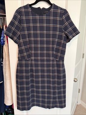 Ann Taylor Navy Plaid Short-Sleeve Sheath Dress